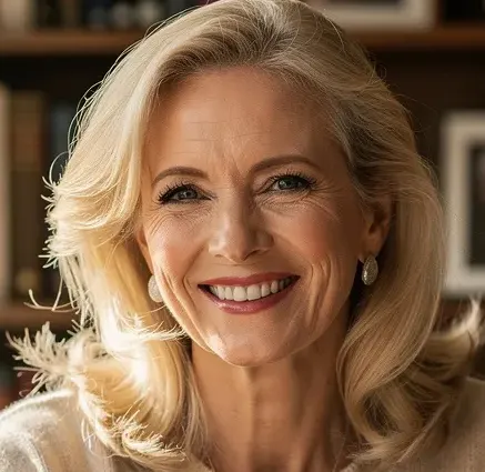 Illustratieve foto van een glimlachende blonde vrouw van ongeveer 50 jaar in haar kantoor.
