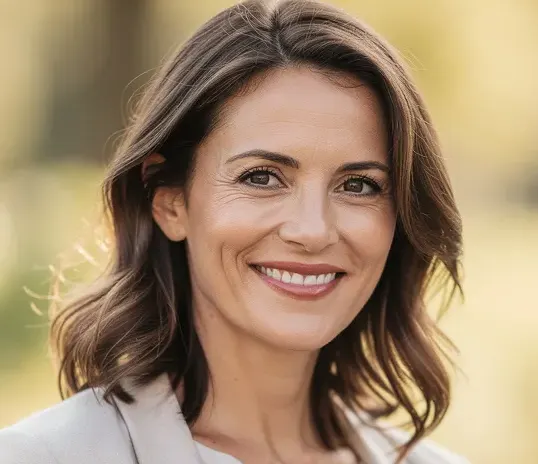 Annelies glimlacht buiten terwijl ze een notitieboek vasthoudt.
