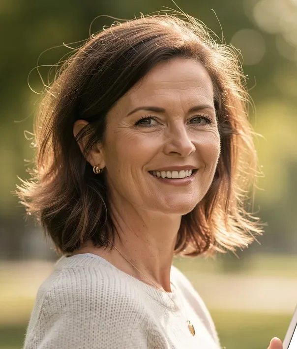 Sofie glimlacht buiten terwijl ze een notitieboek vasthoudt.