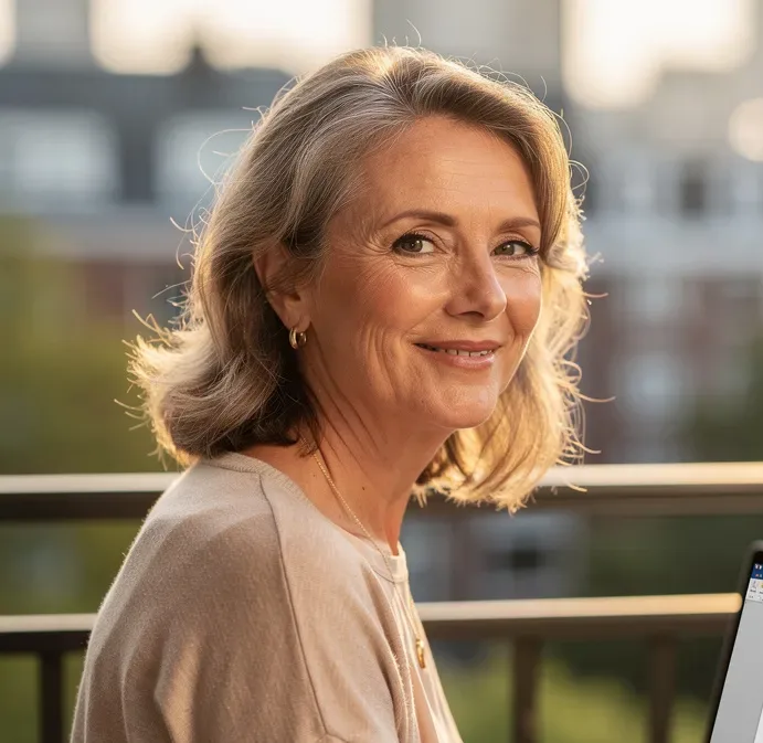 Liesbeth glimlacht terwijl ze buiten op een balkon met een laptop werkt.