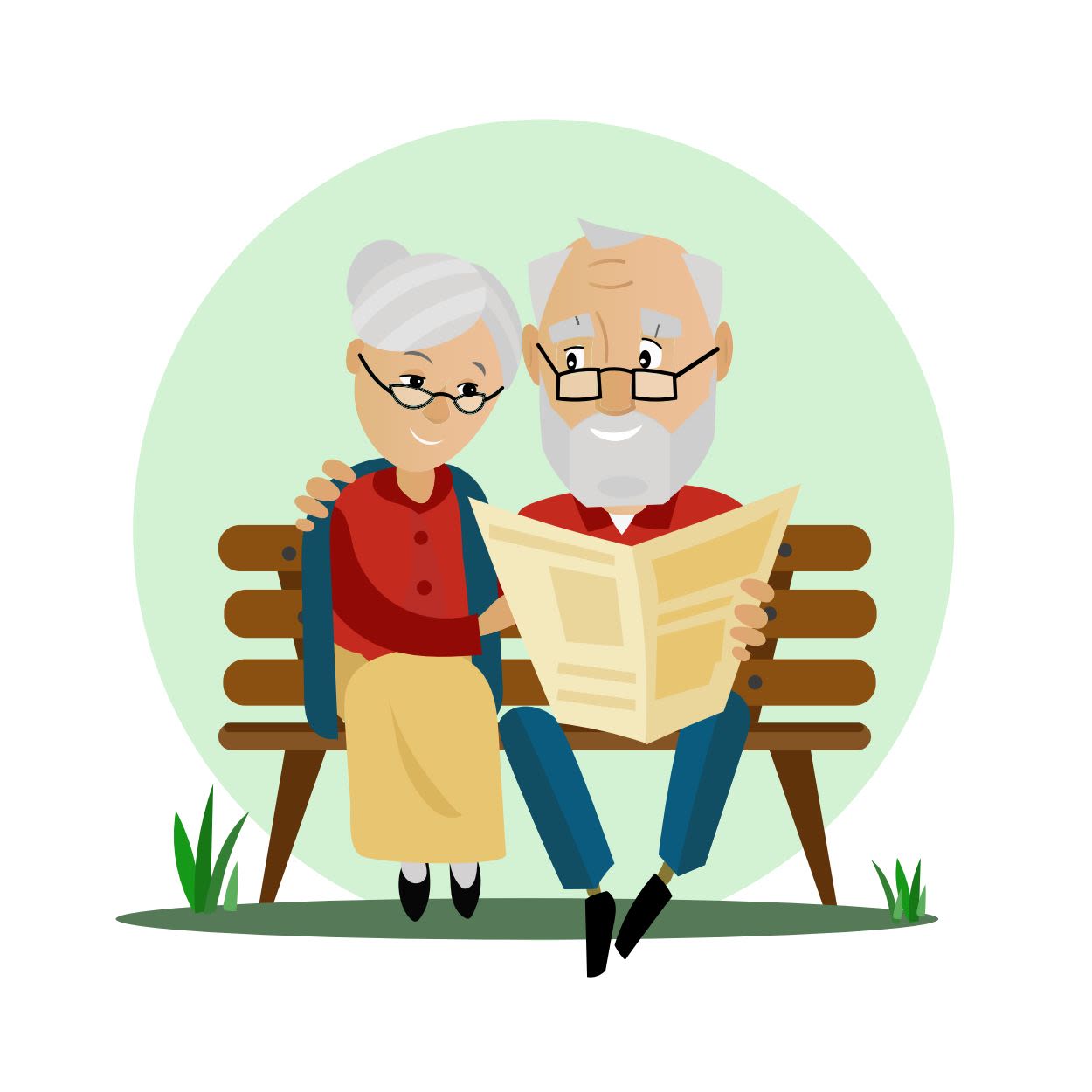 Illustratie van een ouder koppel dat glimlachend samen op een bank een krant leest.