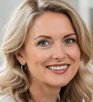 Glimlachende vrouw van rond de 40 die met een laptop werkt.